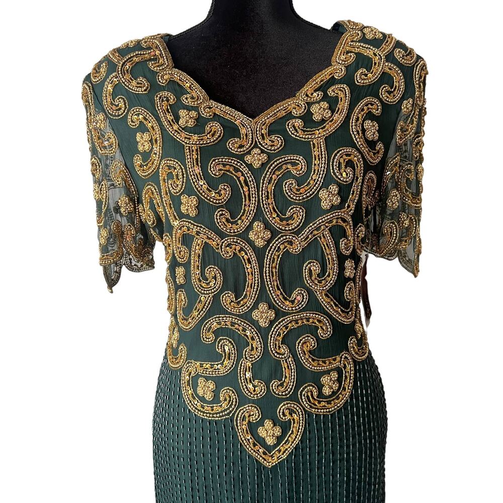 Riva Design Vintage 80s Silk Beaded Long Dress-Green/Gold-Medium-NEW-DEADSTOCK